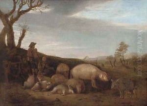 A swineherd with pigs in a landscape