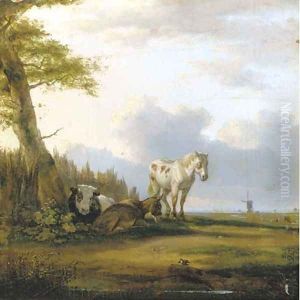 A horse, a donkey and a cow resting near a tree by Paulus Potter