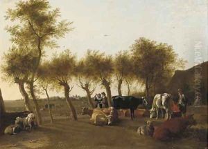 A landscape with a milkmaid and a herder with cows and sheep, an elegant couple on a tree-lined path beyond by Paulus Potter