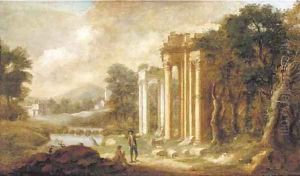A landscape with gentlemen inspecting classical ruins by Pierre-Antoine The Younger Patel