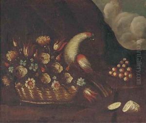 A basket of flowers and a parrot by The Pseudo-Guardi