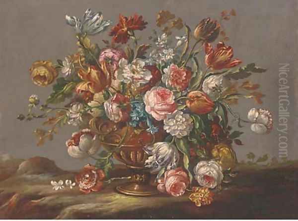 Parrot tulips, roses, narcissi and other flowers in an urn in a clearing - view 1