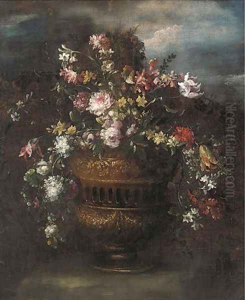 Roses, tulips, narcissi and other flowers in a sculpted vase in a clearing - view 1