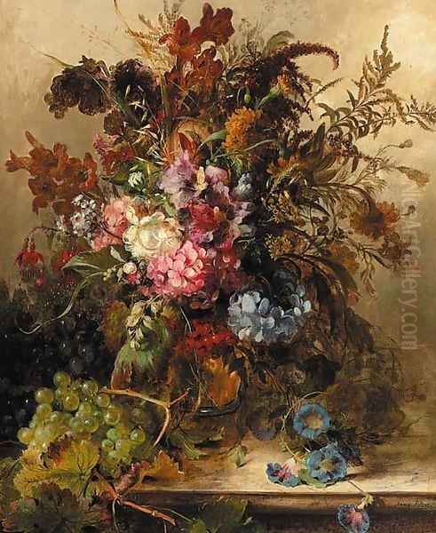 A field bouqet with hydrangea, fuchsia and other flowers - view 1