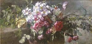 A bouquet of pink and red roses on a ledge by Anna Peters