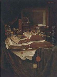 Books, roses and a vase of water on a draped table before an engraving by G. Kalla Priechenfeld