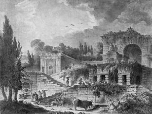 A fountain at the Villa Sacchetti, Rome, with washerwomen and a bull by Pierre-Adrien Pris
