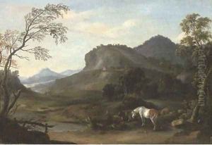 A mountainous river landscape with horses and cattle grazing by a tree by Wenzel Ignaz Prasch