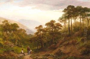 Figures in an extensive wooded landscape, Okehampton Castle by William Williams Of Plymouth