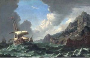 Dutch shipping in choppy waters with a rocky coastal landscape and mountains beyond
