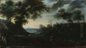A wooded Landscape with Figures and a horse-drawn Carriage on a Path by Carlo Antonio Procaccini