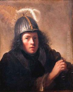 A youth, half length, wearing a helmet and holding a sword