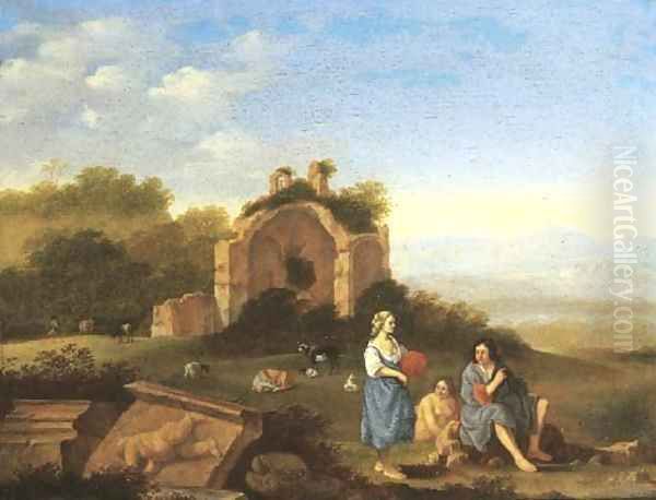 An Italianate landscape with peasants and cattle by classical ruins - view 1