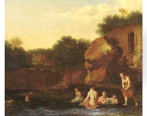 Nymphs bathing by a ruin by Cornelis Poelenburgh