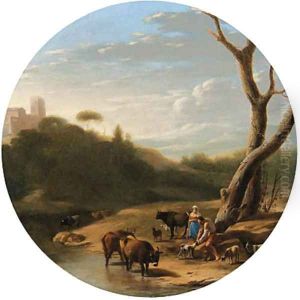 An Italianate wooded landscape with a herdsman and a shepherdess, cattle and goats watering at a stream by Cornelis Poelenburgh