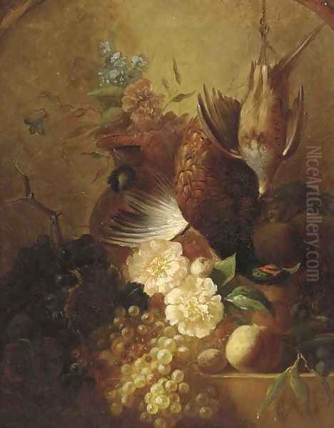 Grapes, plums, a peach, a pheasant and grouse, on a marble ledge - view 1