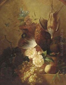 Grapes, plums, a peach, a pheasant and grouse, on a marble ledge by James Poulton