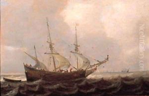 A threemaster offshore in a stiff breeze, on a cloudy day by Julius Porcellis