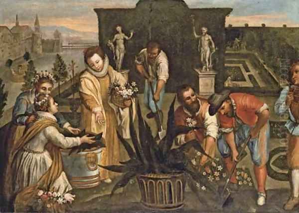 A lady holding a basket of flowers and gardeners planting in a Renaissance garden - view 1
