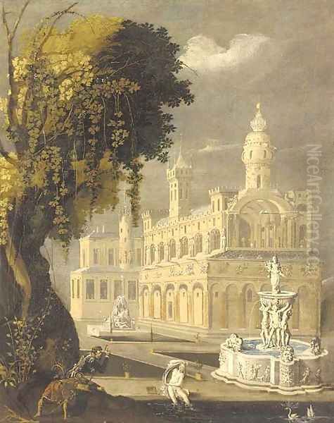 Suzanna and the Elders before an architectural capriccio of a palace and an ornamental fountain - view 1