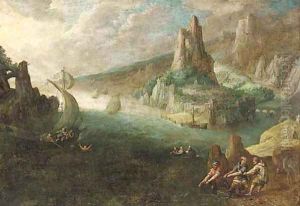 A coastal landscape with a sailor overboard and fishermen on the shore by Lodovico Pozzoserrato (see Toeput, Lodewijk)