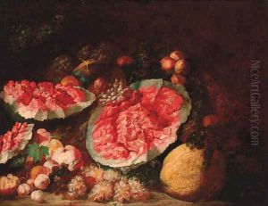 Still life of water melons, peaches and grapes