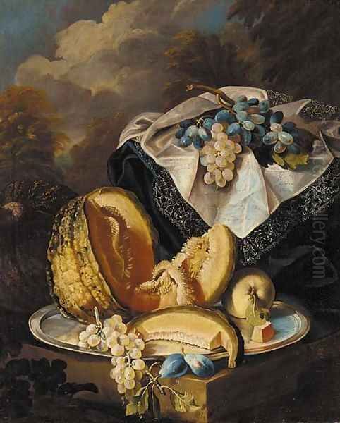 Grapes, melon, an apple and plums on a silver salver - view 1