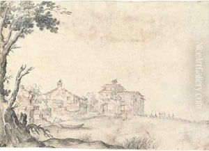 A landscape with a village on a shore by Alfonso The Younger Parigi
