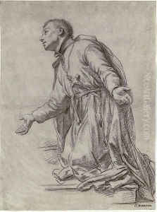 A kneeling monk in profile to the left, for Saint Francois Regis
