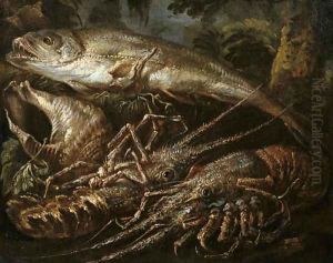 Still-life of two lobsters, a salmon and shells on a forest floor by Felice Boselli