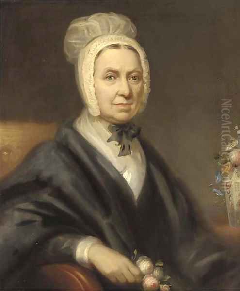 Portrait of a lady, seated half-length, in a black dress, holding a sprig of roses - view 1