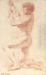 A kneeling man looking down to the left holding a rope