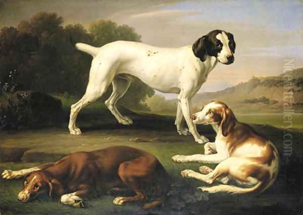 A pointer and two setters in an extensive landscape - view 1