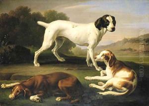 A pointer and two setters in an extensive landscape by Wenceslaus Peter
