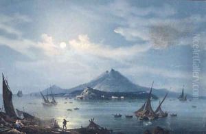 Fishing Vessels in the Bay of Naples at Night, with a View of Vesuvius beyond