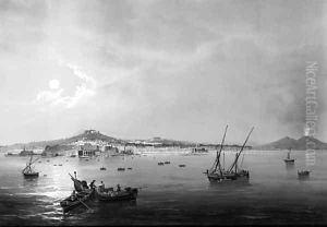 A moonlit view of Naples with Vesuvius erupting by Gioacchino La Pira
