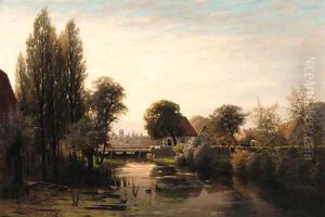 A Dutch village by a canal by Jacobus Johannes Van Poorten