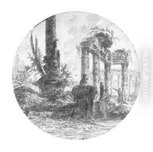 Ruined temples with figures by a fountain; and Ruined temples with figures by a sarcophagus by Jean-Henri-Alexandre Pernet