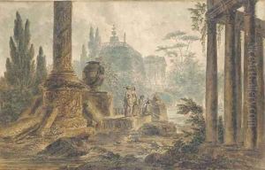 A capriccio of classical buildings with elegant ladies by a spring by Jean-Henri-Alexandre Pernet