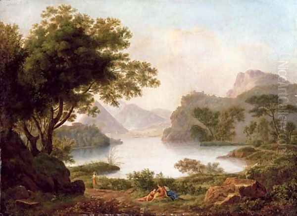 A river landscape with a pyramid, with classical figures on a bank - view 1