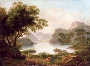 A river landscape with a pyramid, with classical figures on a bank