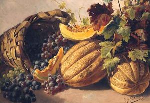Melons And Grapes With A Basket by Landislaus Eugen Petrovits