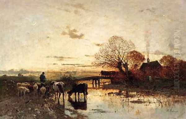 A shepherd with his herd at dusk - view 1