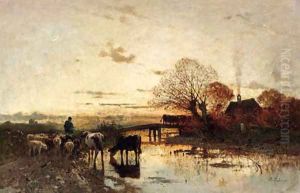 A shepherd with his herd at dusk by Richard Von Poschinger