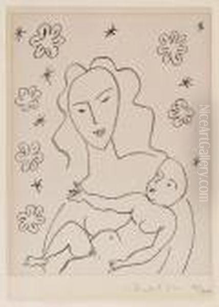Vierge Et Enfant Sur Fond De Fleurs Et D'etoiles - view 1