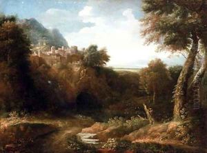 A river landscape with a walled town on a hill and a coastal view beyond by Gaspard Dughet