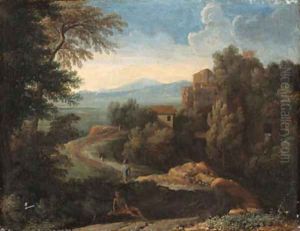 An Italianate landscape with figures by a path