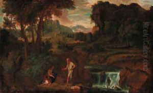 An extensive landscape with a woman and hermit saint by a rocky river