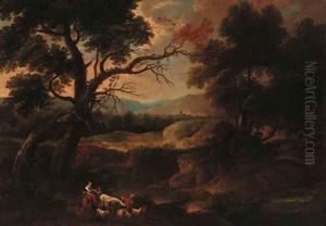 Drovers in a wooded landscape