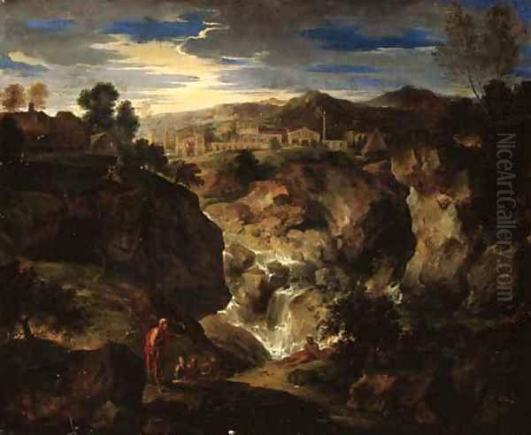 A rocky landscape with figures by a waterfall and a town beyond - view 1